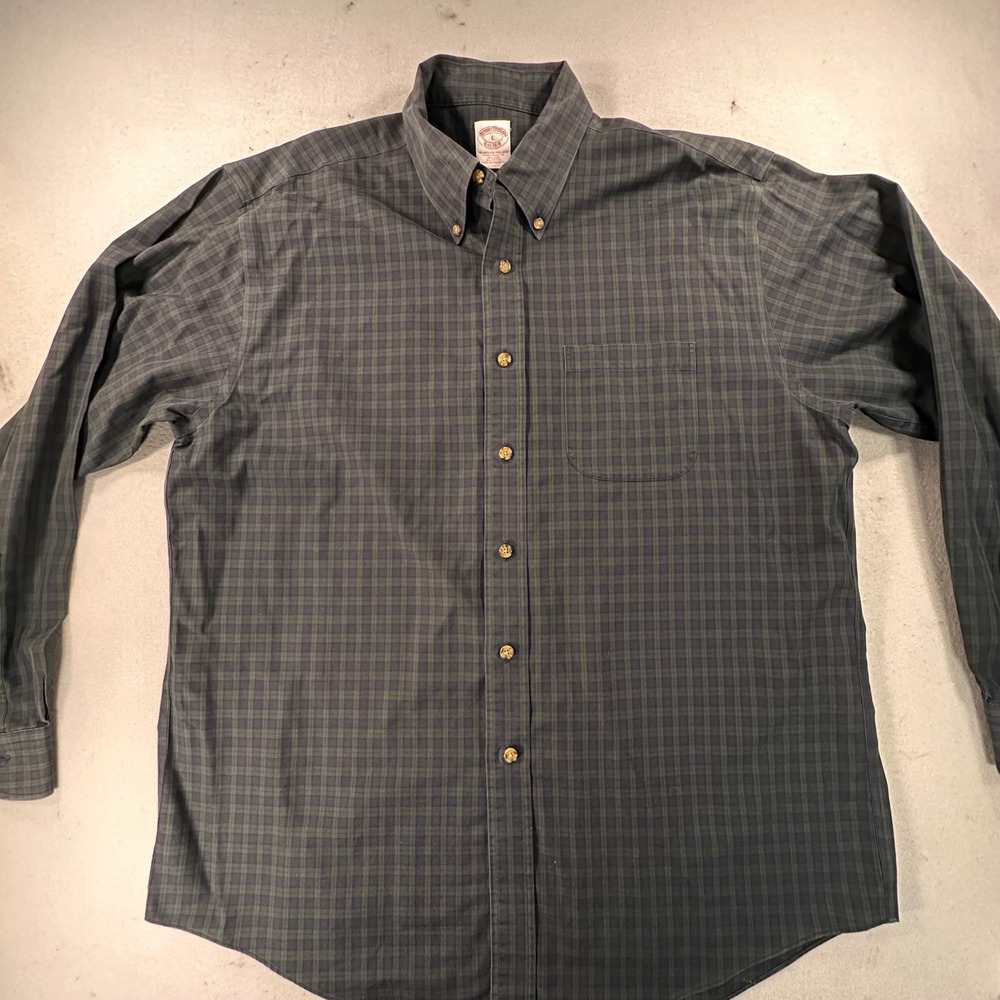 Brooks Brothers 346 Mens Large Plaid Button Down Shirt Navy Green Long Sleeve